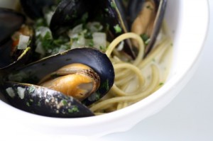 Moules Marinière over Spaghetti