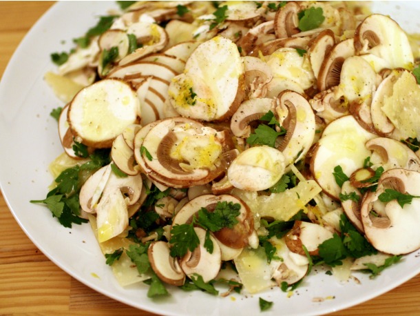 Paris Mushroom Salad with Parmesan, Parsley, Lemon, Olive Oil, and Sea Salt