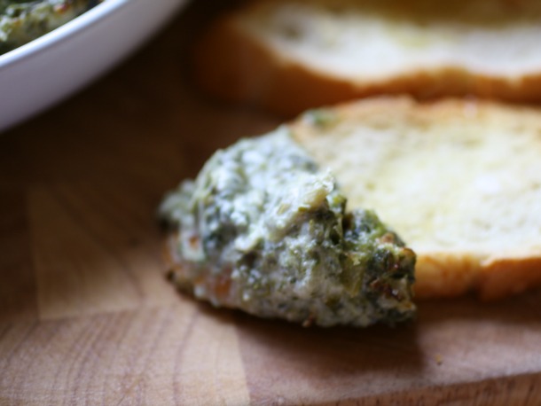 Boursin Spinach and Artichoke Dip on a Baguette Chip