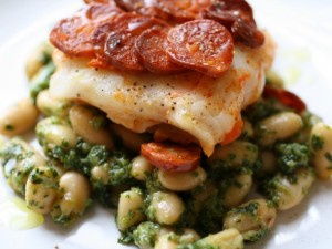 Cod with Chorizo and Beans with Arugula Pesto