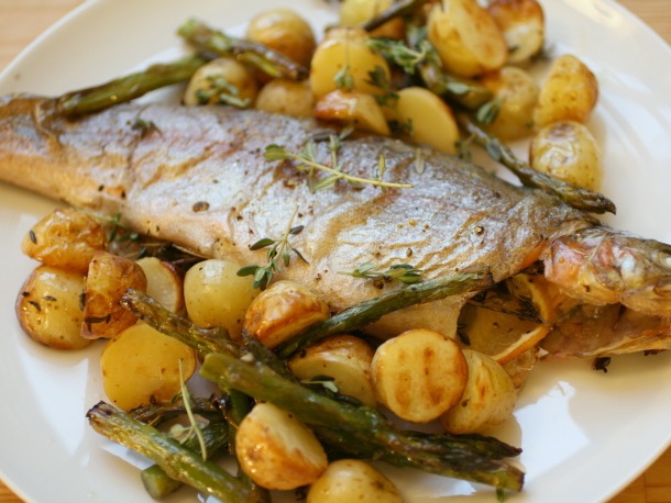 Roast Trout with Potatoes and Asparagus Out of the Oven