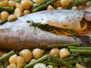 Whole Roast Trout with Potatoes and Asparagus