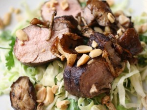 Chinese FIve Spice Pork Loin with Asian Slaw, Charred Mushrooms, and Peanuts