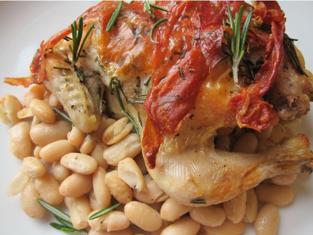 Hens with Prosciutto, Rosemary, and White Beans