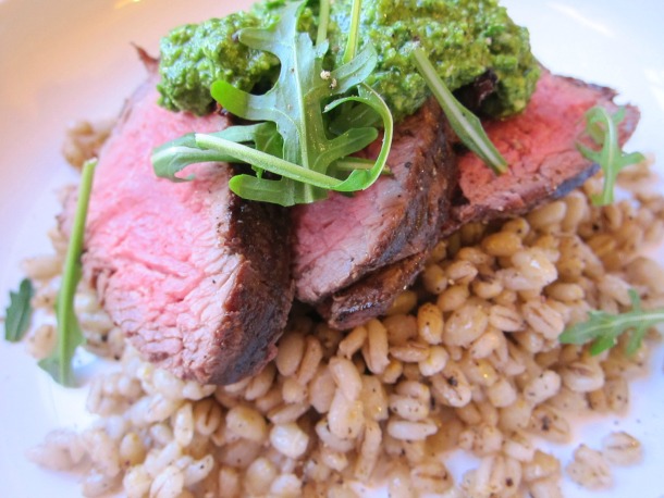 Barley Cacio e Pepe with Charred Steak and Dark Greens Pesto