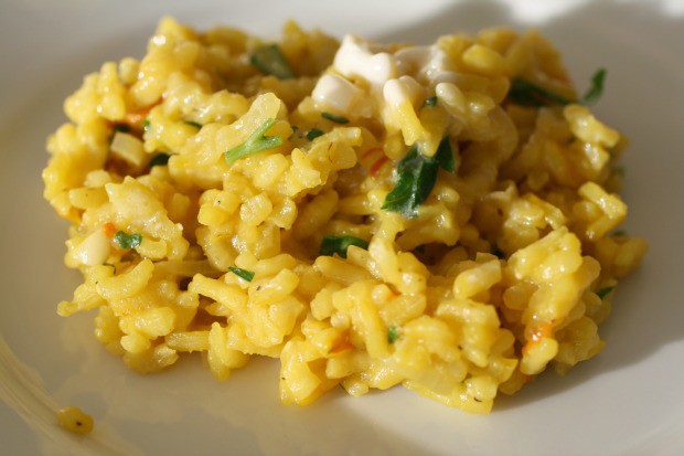 Saffron Risotto with Zucchini Blossoms and Crème Fraîche