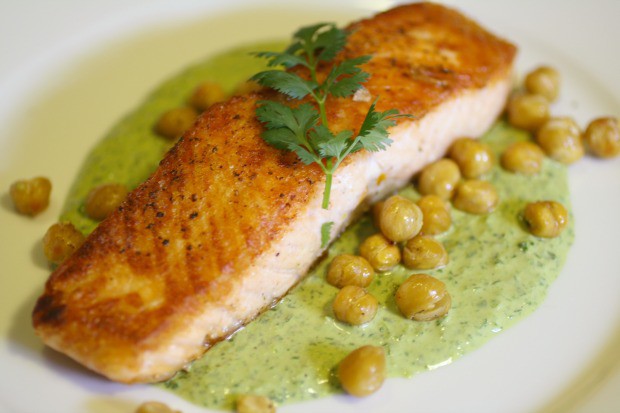 Crispiest Salmon with Green Tahini and Crunchy Chickpeas