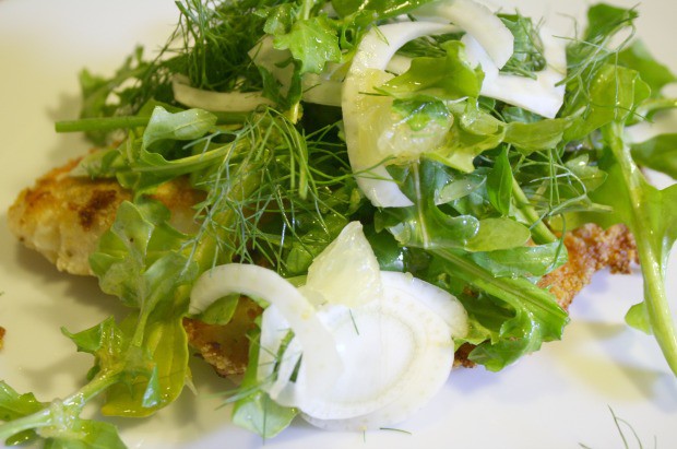 Almond Crusted Tilapia with Arugula Fennel Lemon Salad